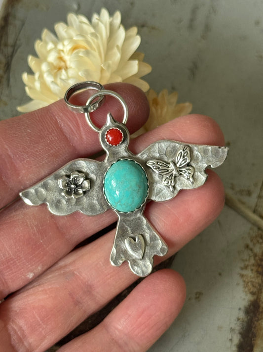 Mediterranean Coral and Carico Lake Turquoise sterling bird pendant