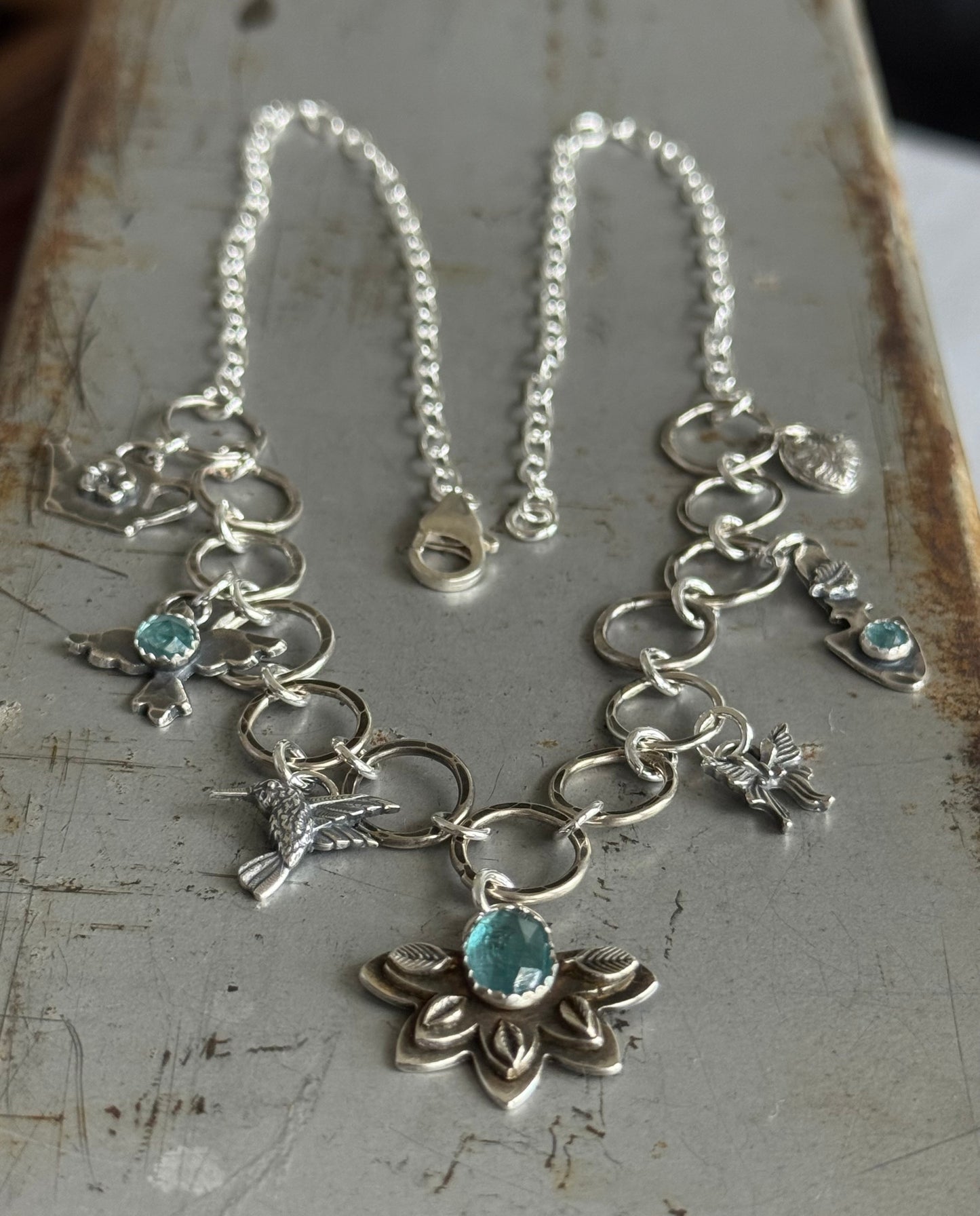 Garden sterling charm necklace with Kyanite, Blue Tourmaline and Aquamarine