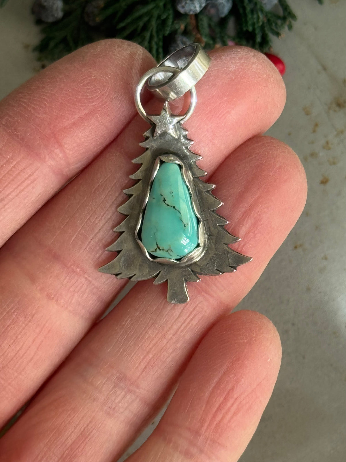 Small Christmas tree sterling pendant with Lone MountainTurquoise