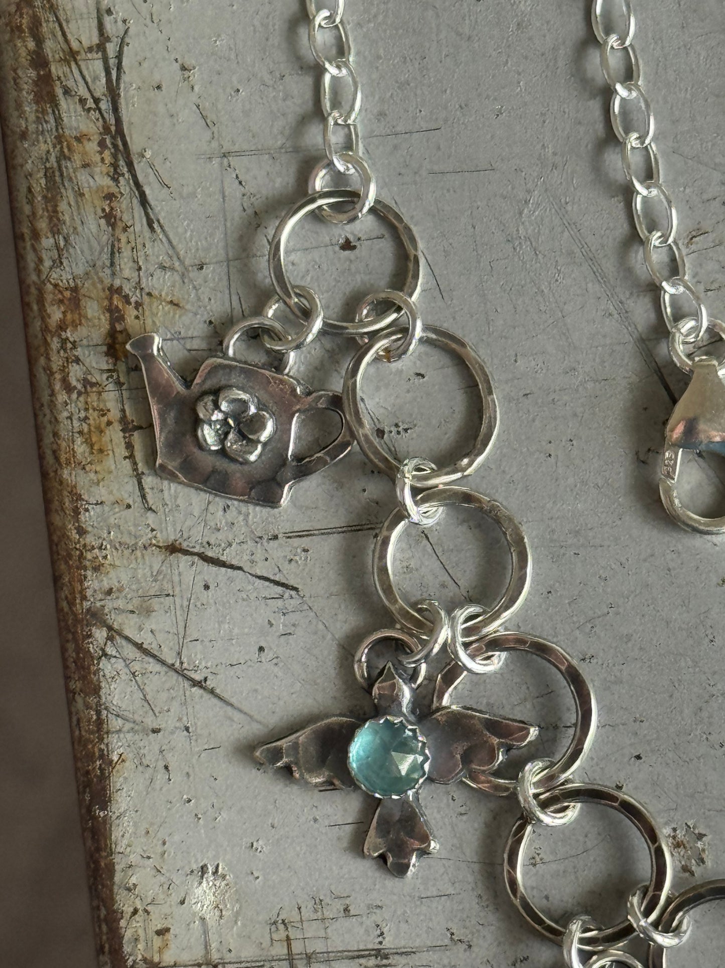 Garden sterling charm necklace with Kyanite, Blue Tourmaline and Aquamarine