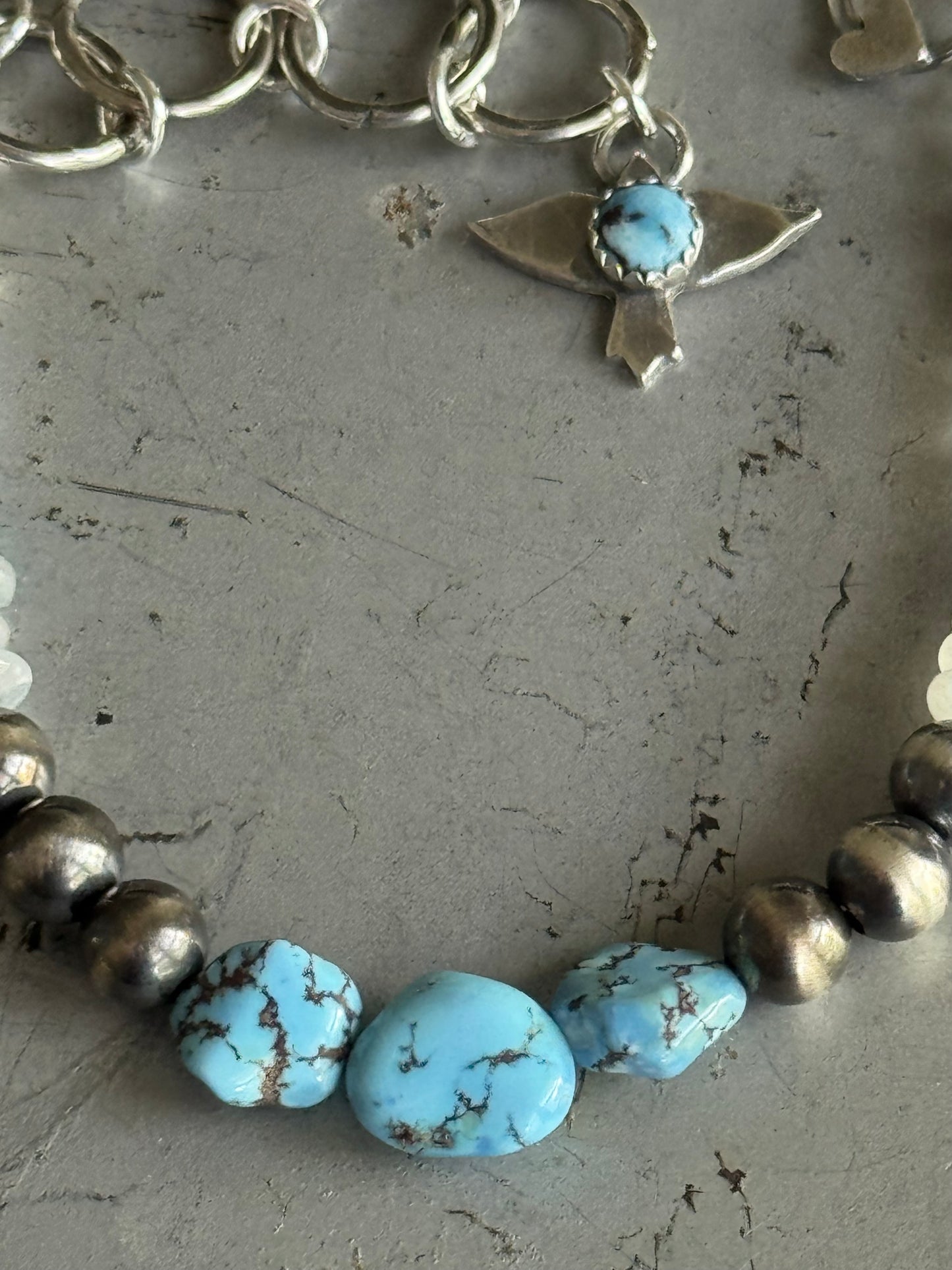 Artisan Golden Hills Turquoise and Rainbow Moonstone sterling bracelet