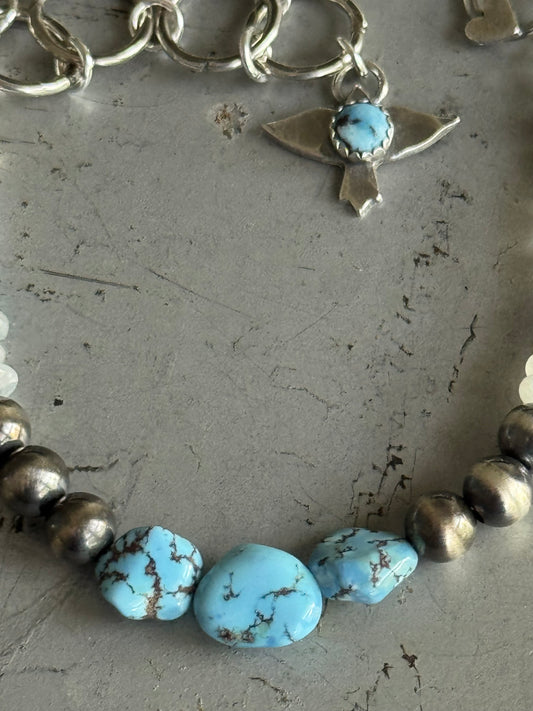 Artisan Golden Hills Turquoise and Rainbow Moonstone sterling bracelet