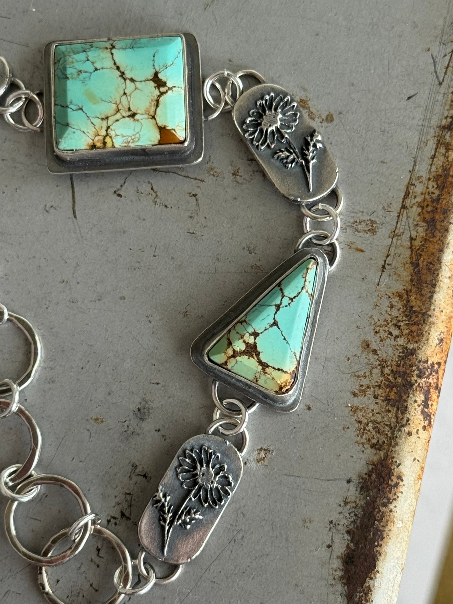Floral Treasure Mountain Turquoise sterling bracelet