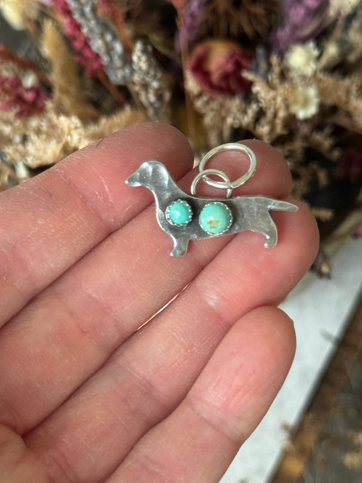 Kingman Turquoise sterling dachshund pendant