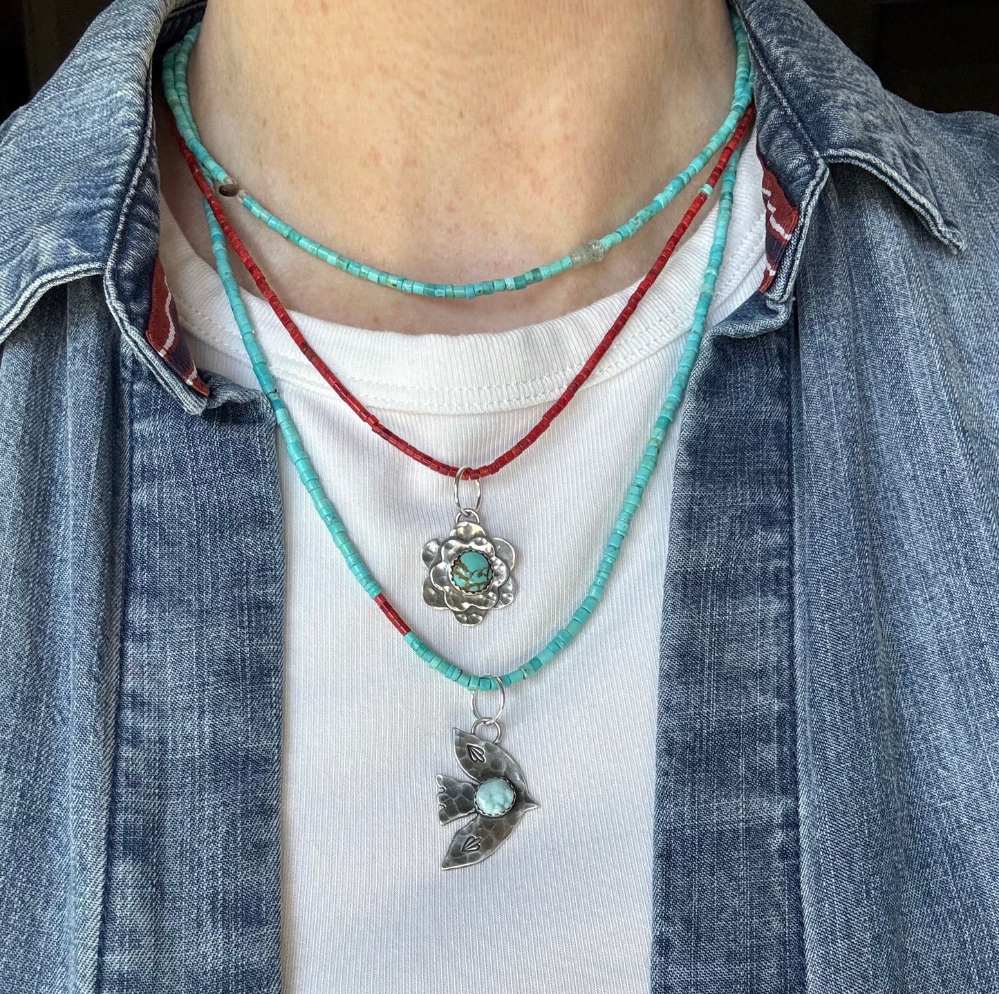 Double Flower pendant with Number 8 Turquoise