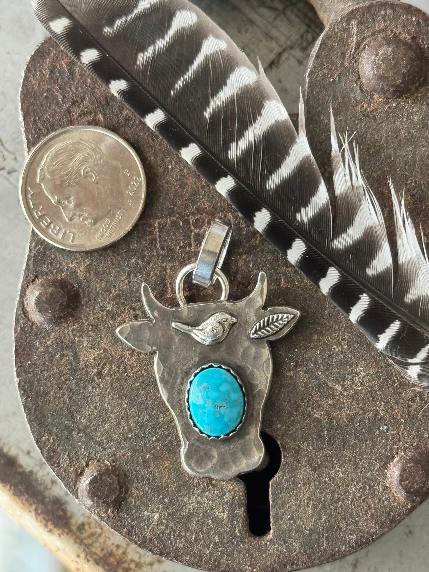 Cow sterling pendant with Kingman Turquoise pendant