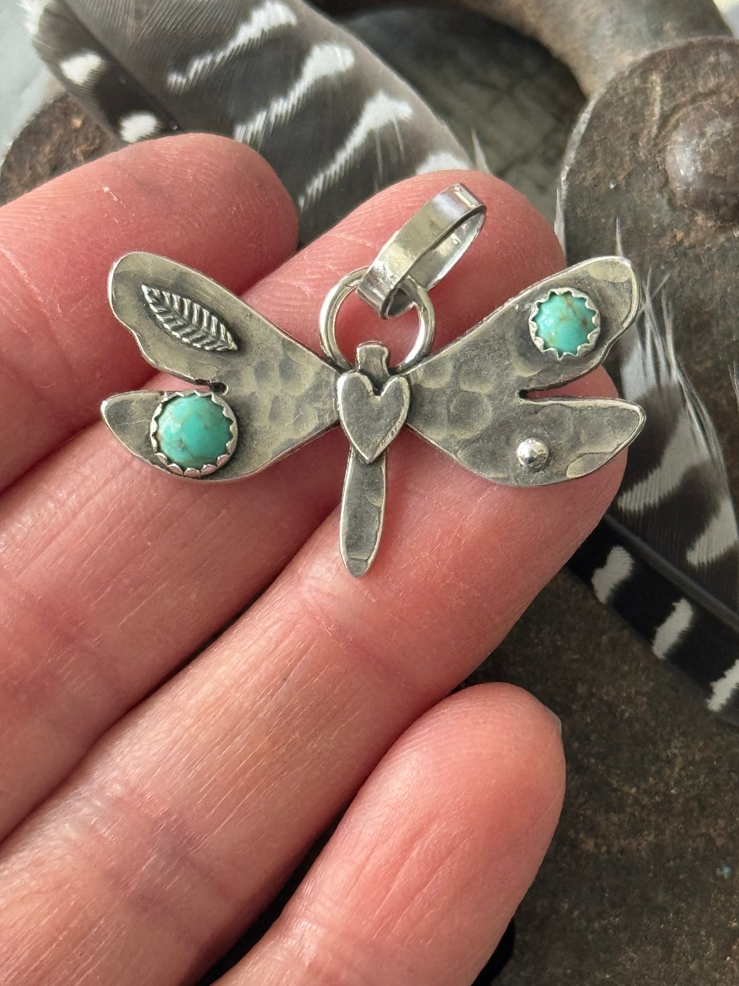 Dragonfly sterling pendant with Kingman Turquoise