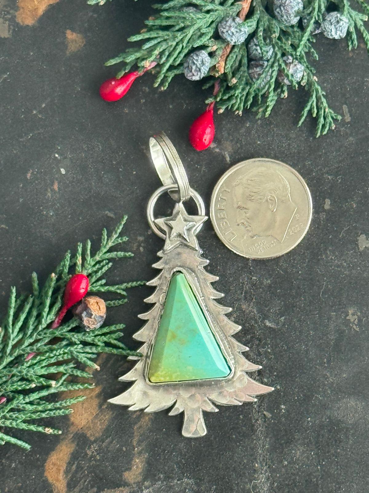Christmas tree sterling pendant with Treasure Mountain Turquoise