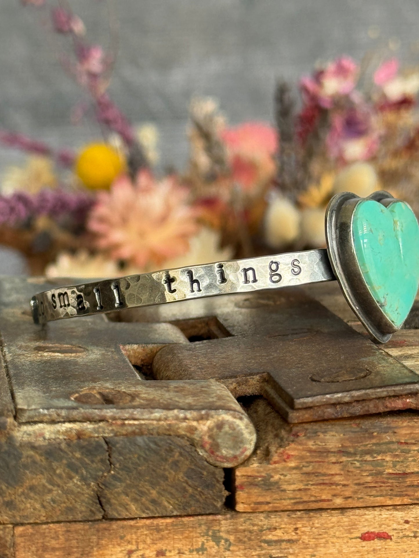 Kingman Turquoise heart "do small things with great love" sterling cuff