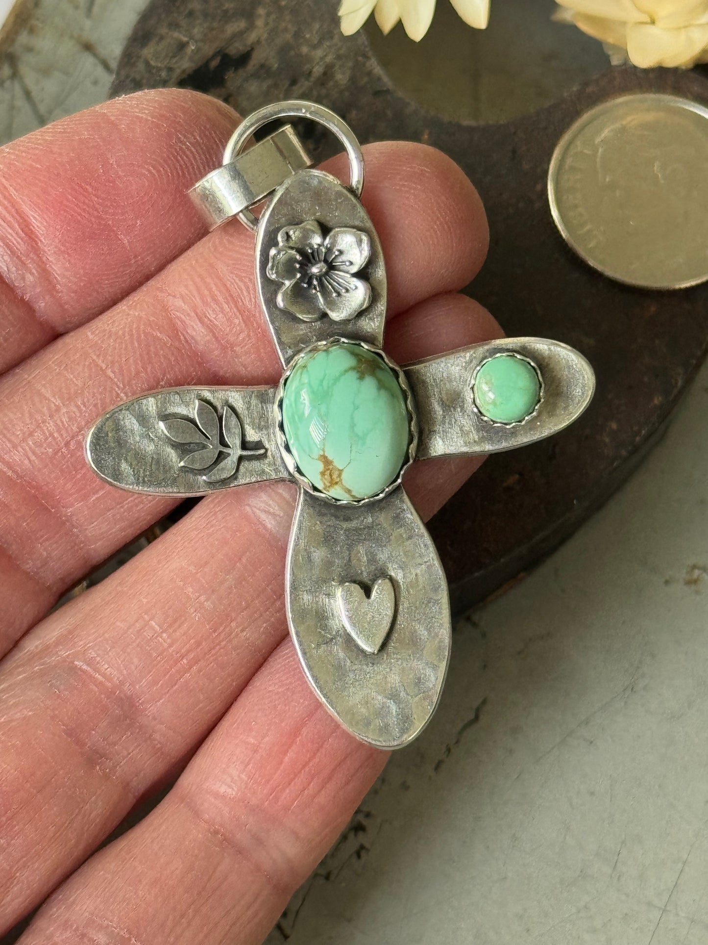 Large Antelope Hill Variscite sterling cross pendant