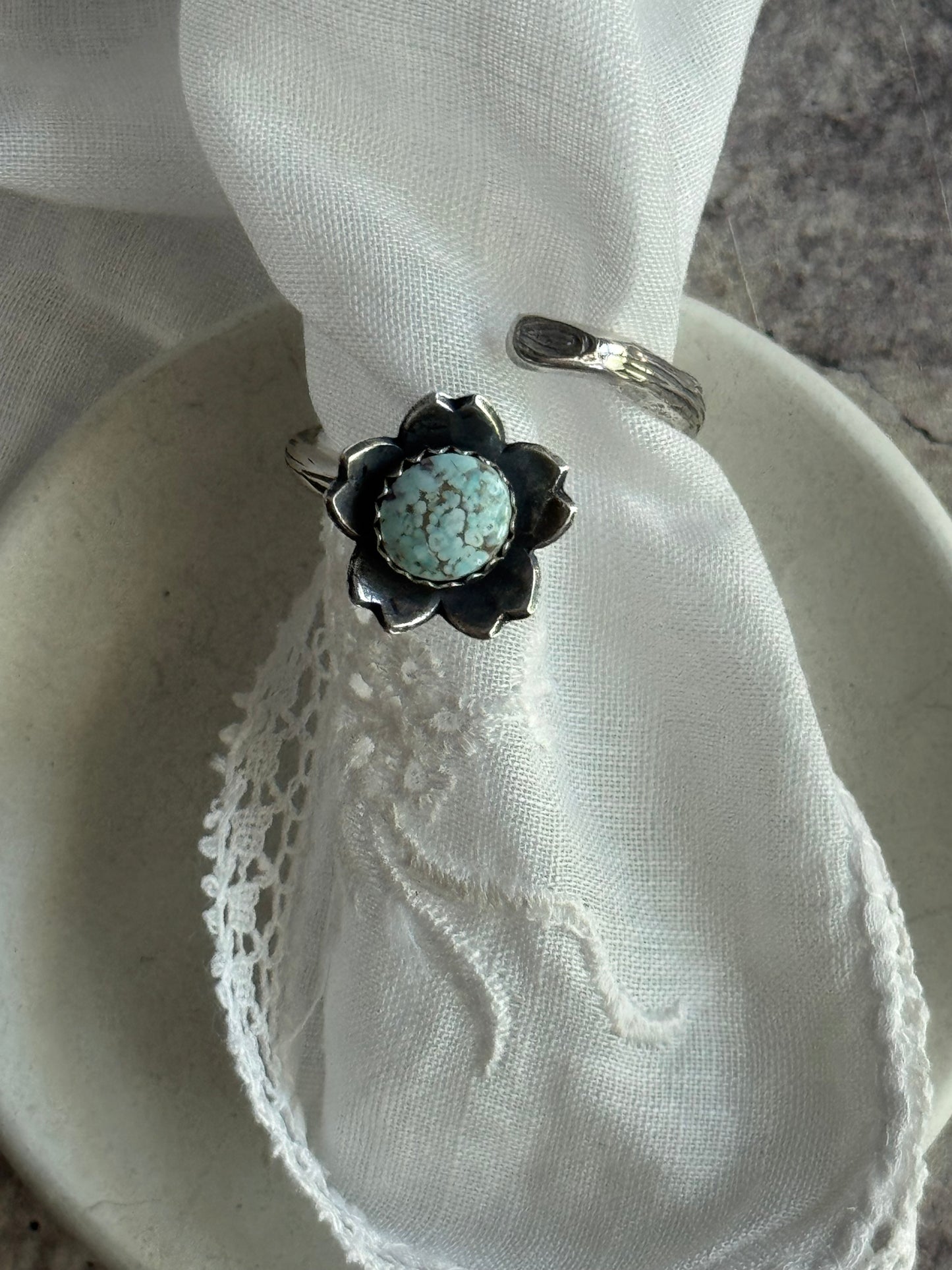 Twig wrap around sterling ring with Dry Creek Turquoise