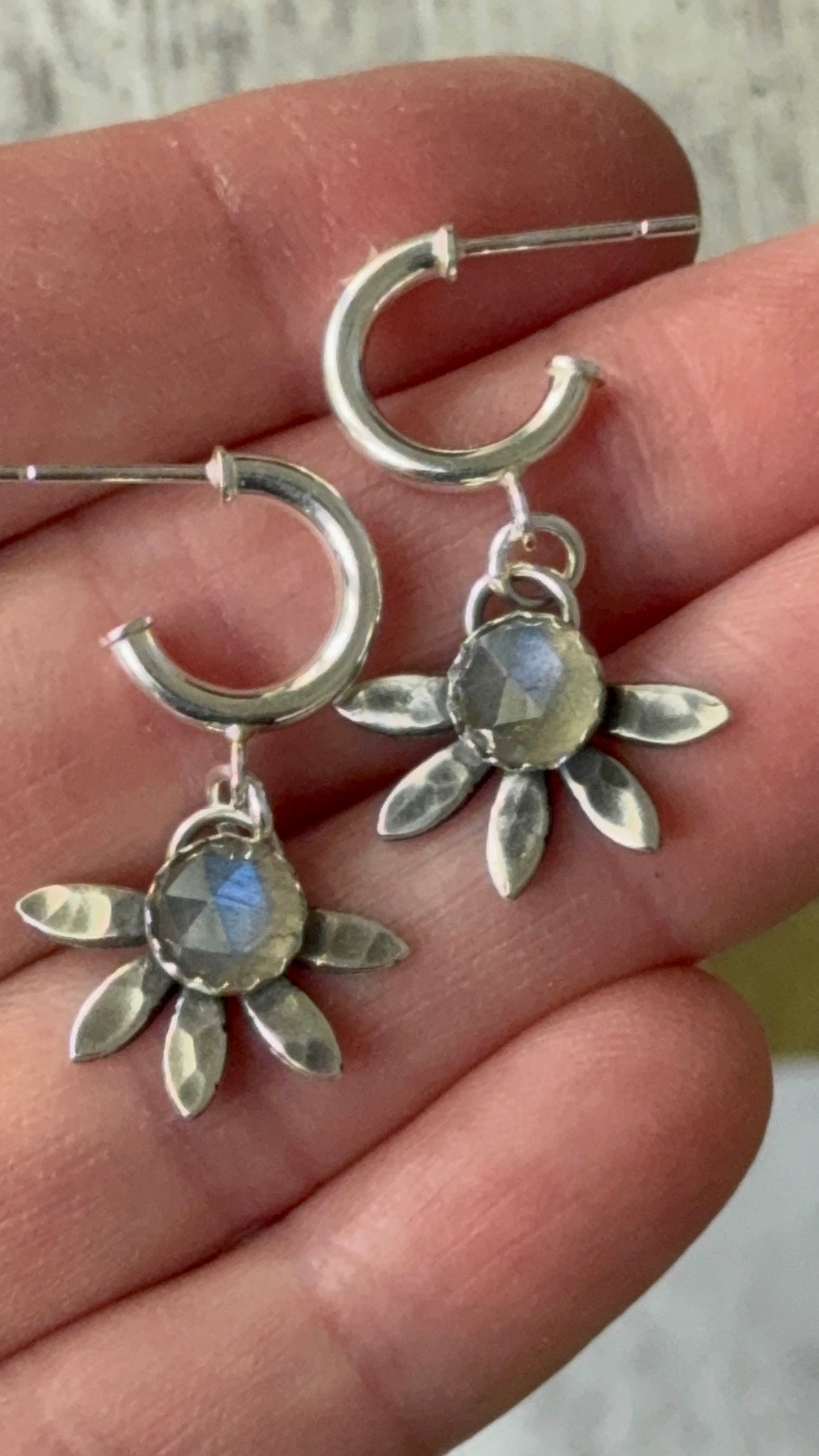 Labradorite Sterling flower hoop earrings