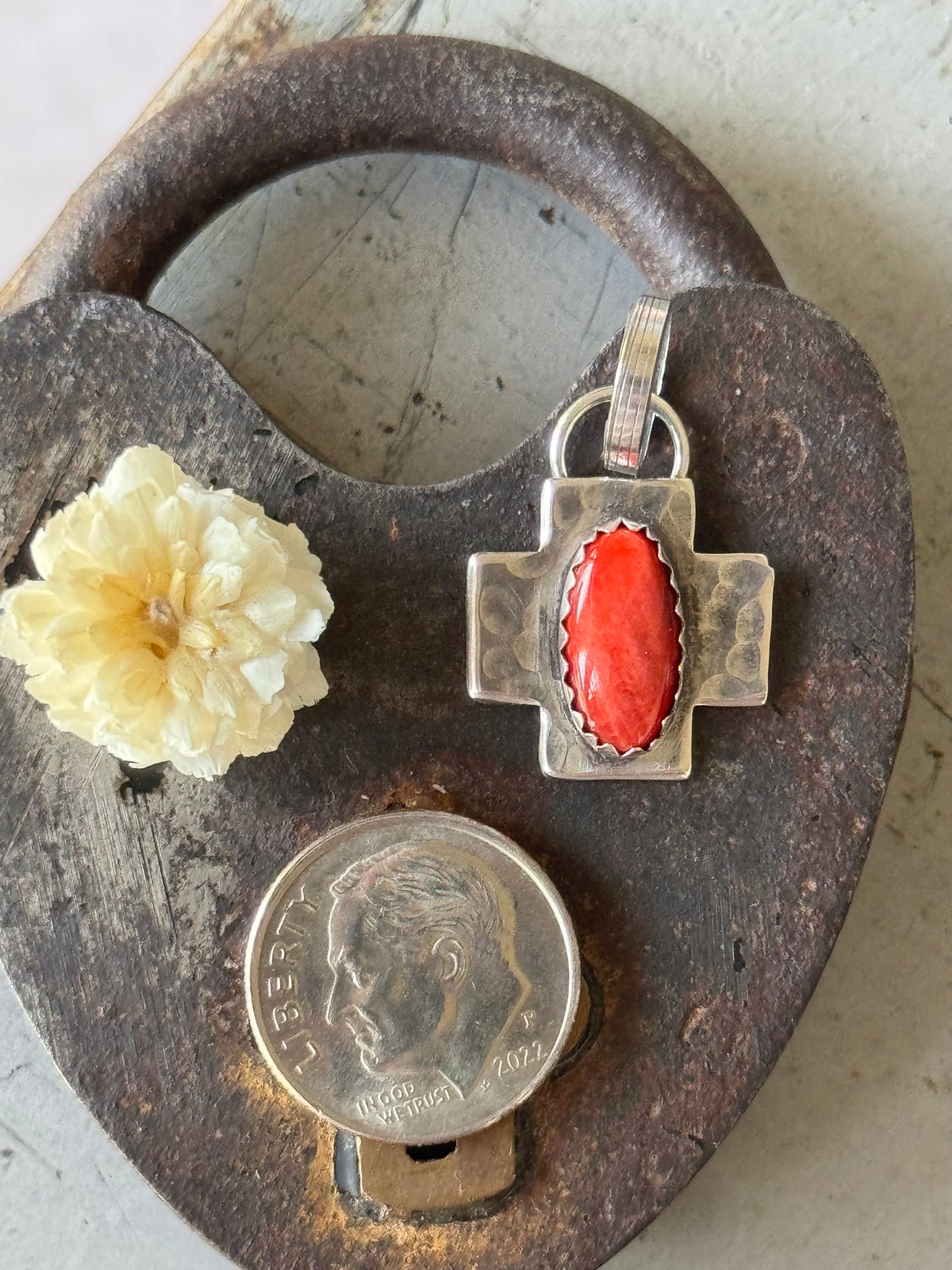 Red Spiny Oyster sterling cross pendant