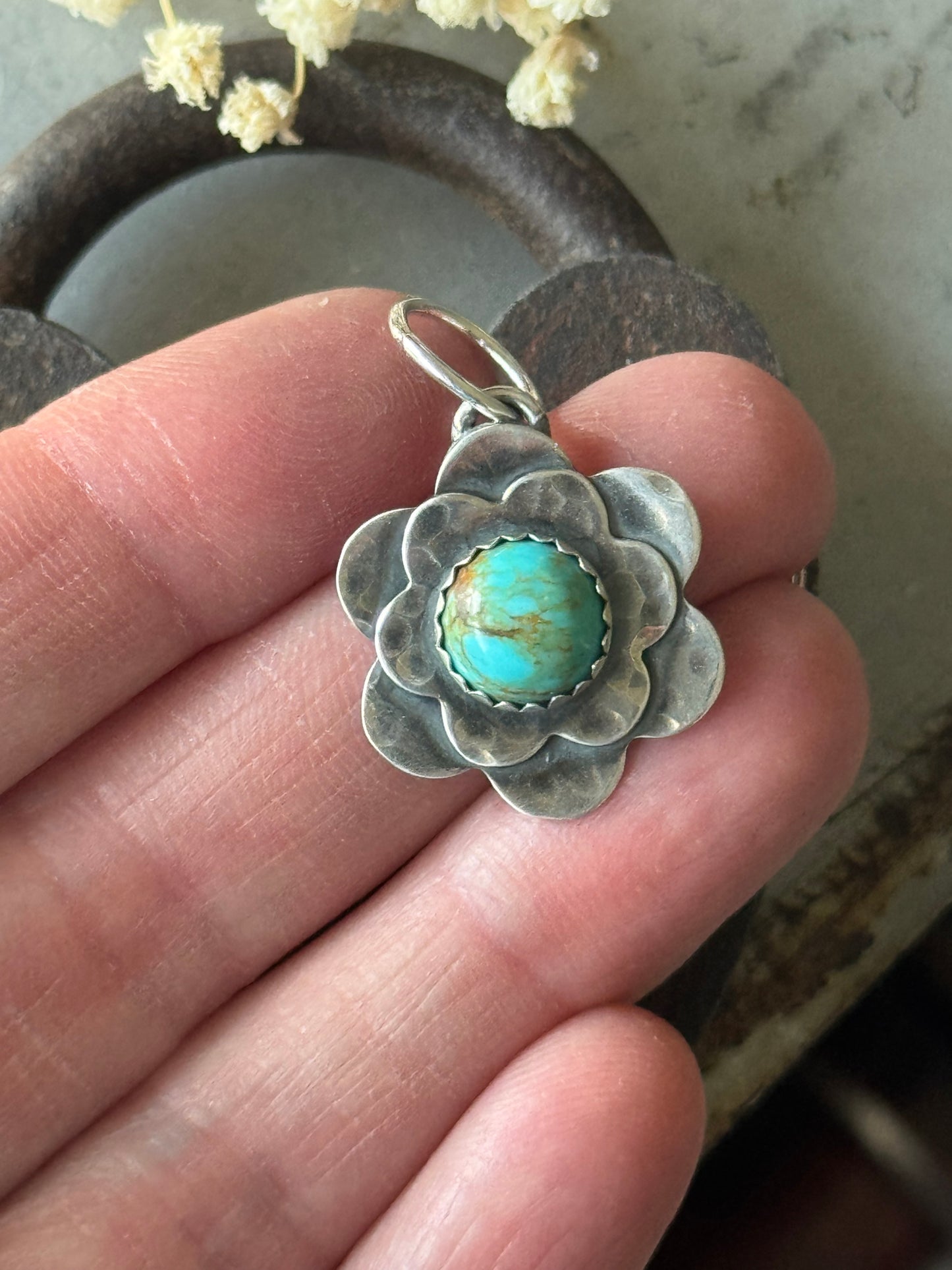Double Flower pendant with Number 8 Turquoise