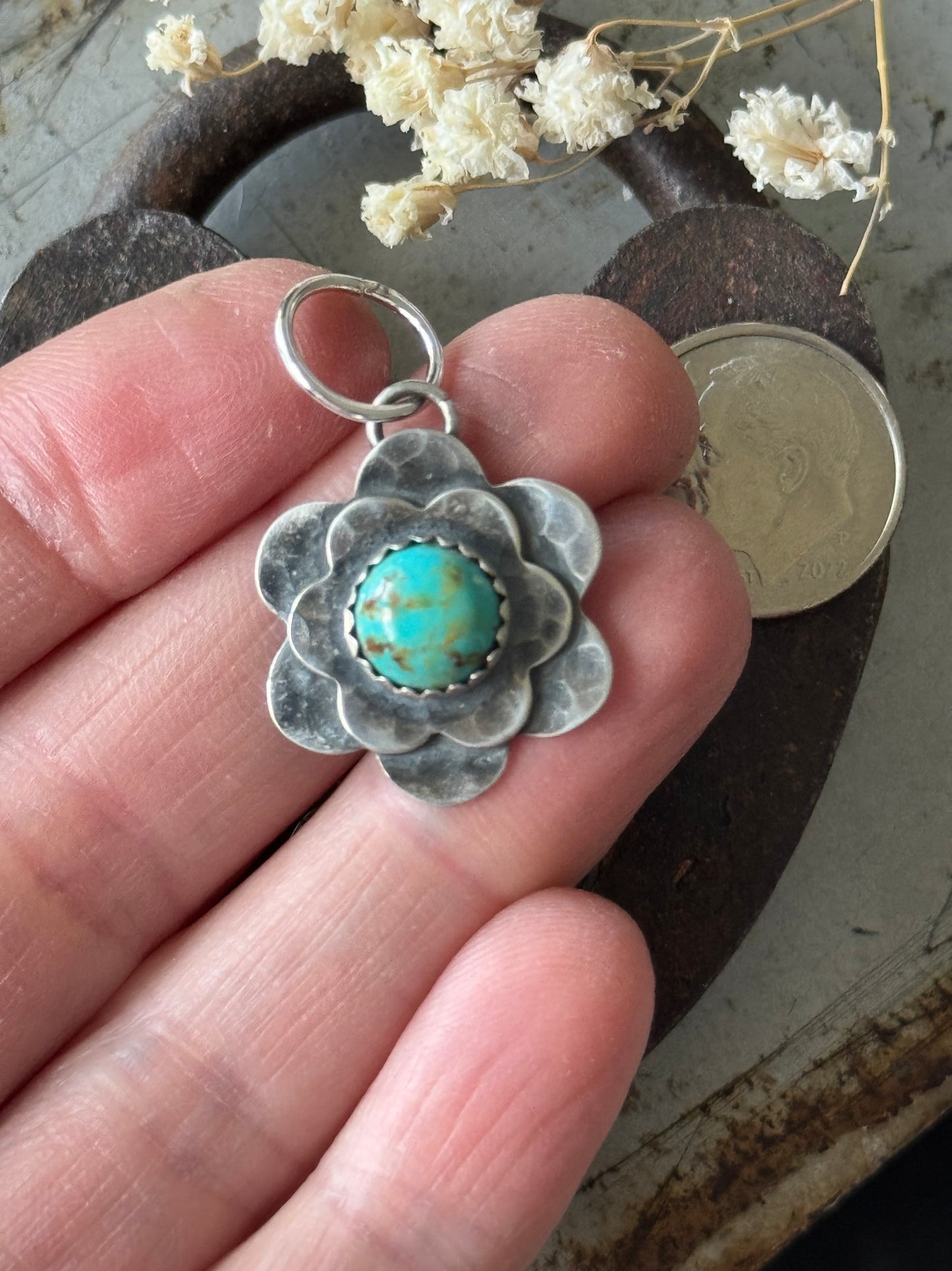 Double Flower pendant with Kingman Turquoise