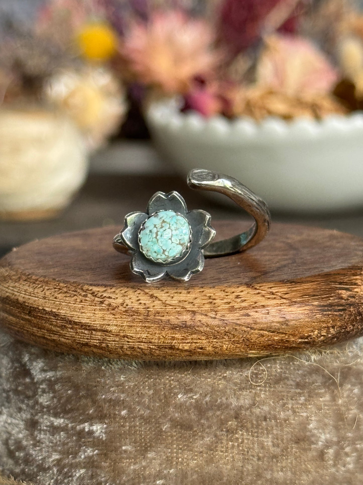 Twig wrap around sterling ring with Dry Creek Turquoise
