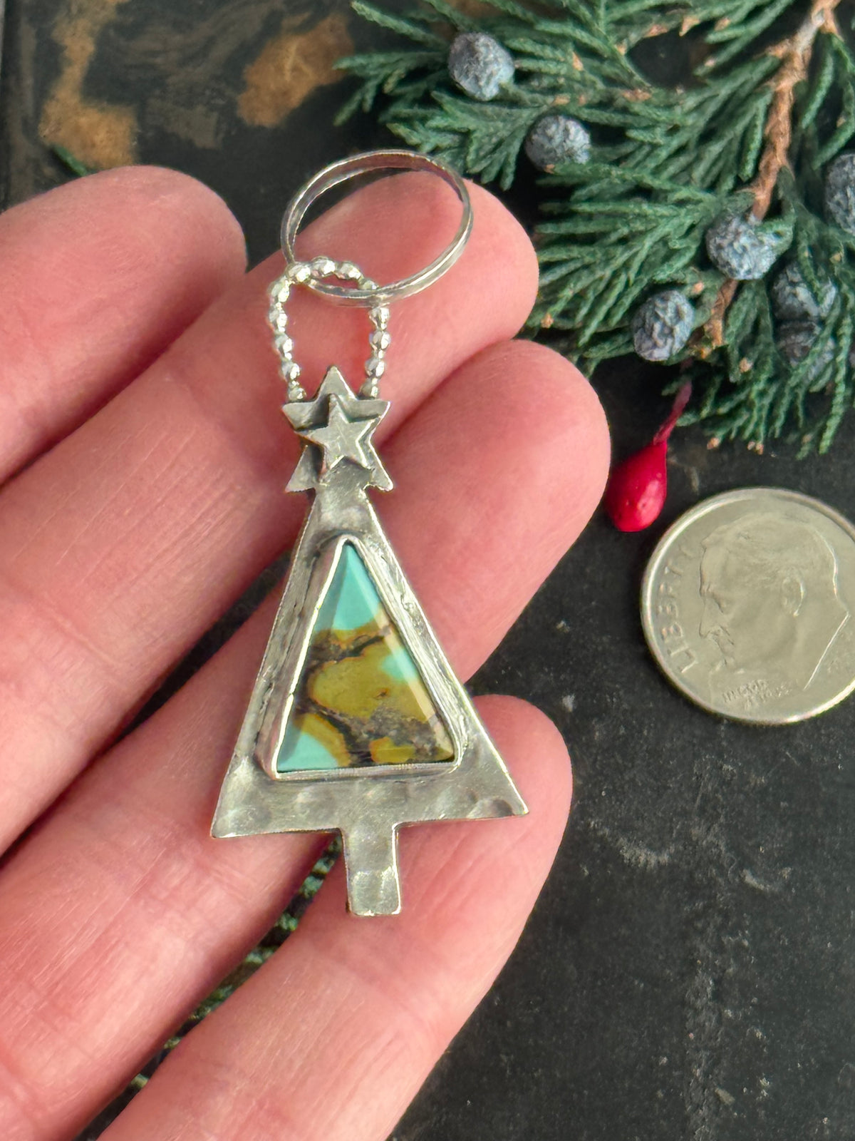 Christmas tree sterling pendant with Treasure Mountain Turquoise