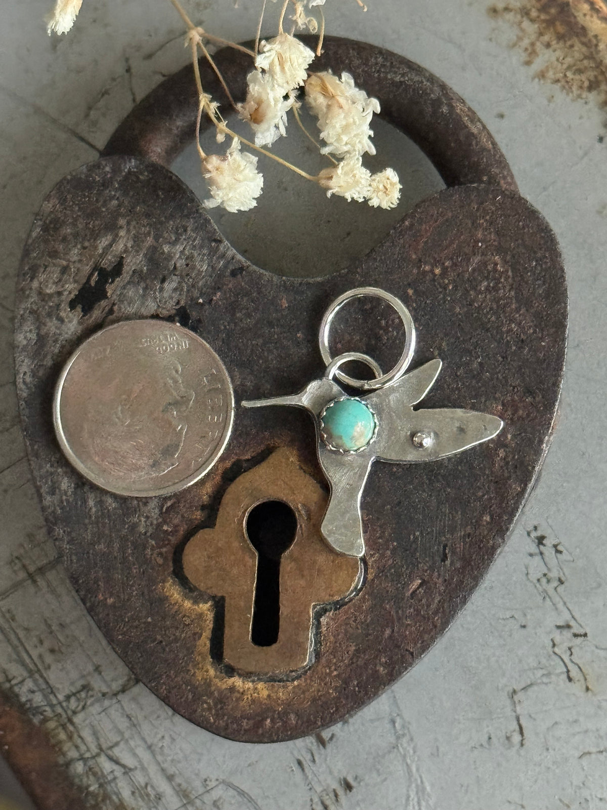 Hummingbird sterling charm with Kingman Turquoise