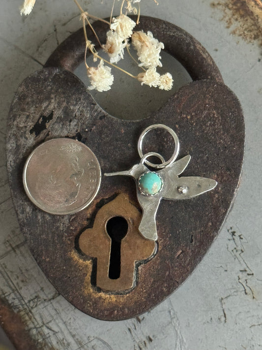 Hummingbird sterling charm with Kingman Turquoise