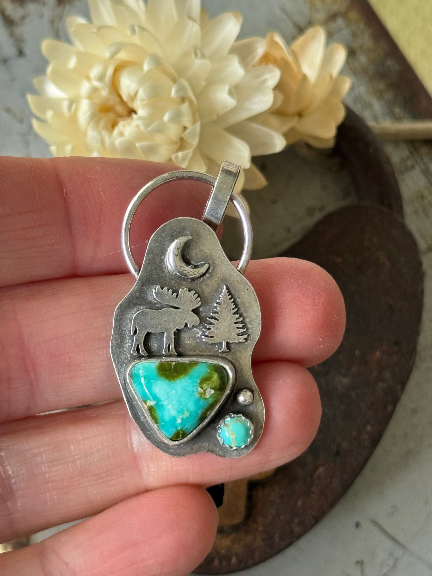 Sonoran Gold sterling Moose and Evergreen pendant