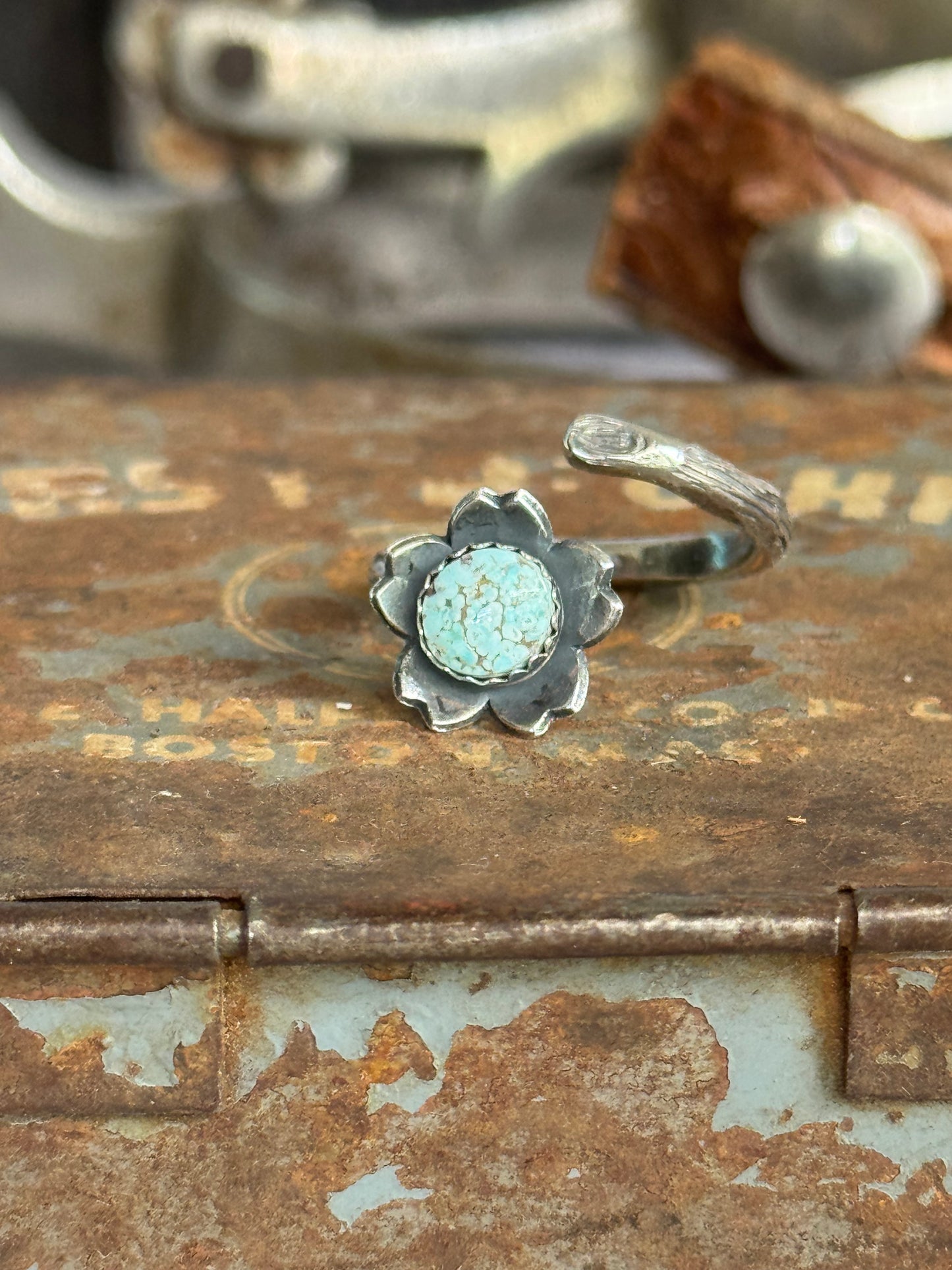 Twig wrap around sterling ring with Dry Creek Turquoise