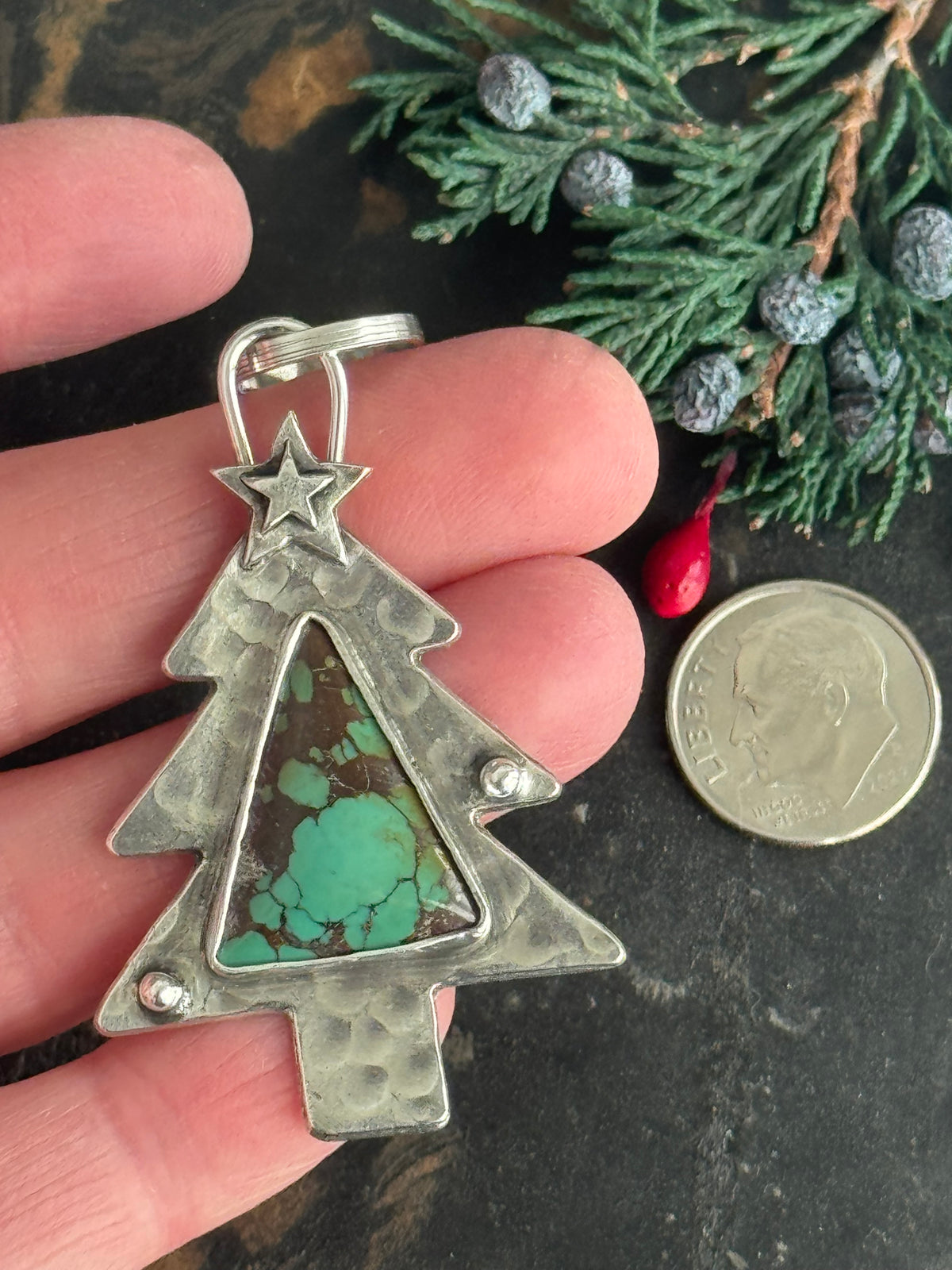 Christmas tree sterling pendant with Treasure Mountain Turquoise