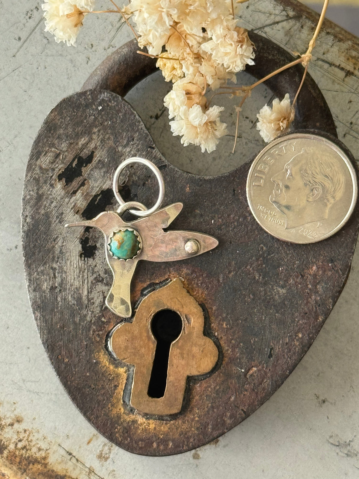 Hummingbird sterling charm with Kingman Turquoise