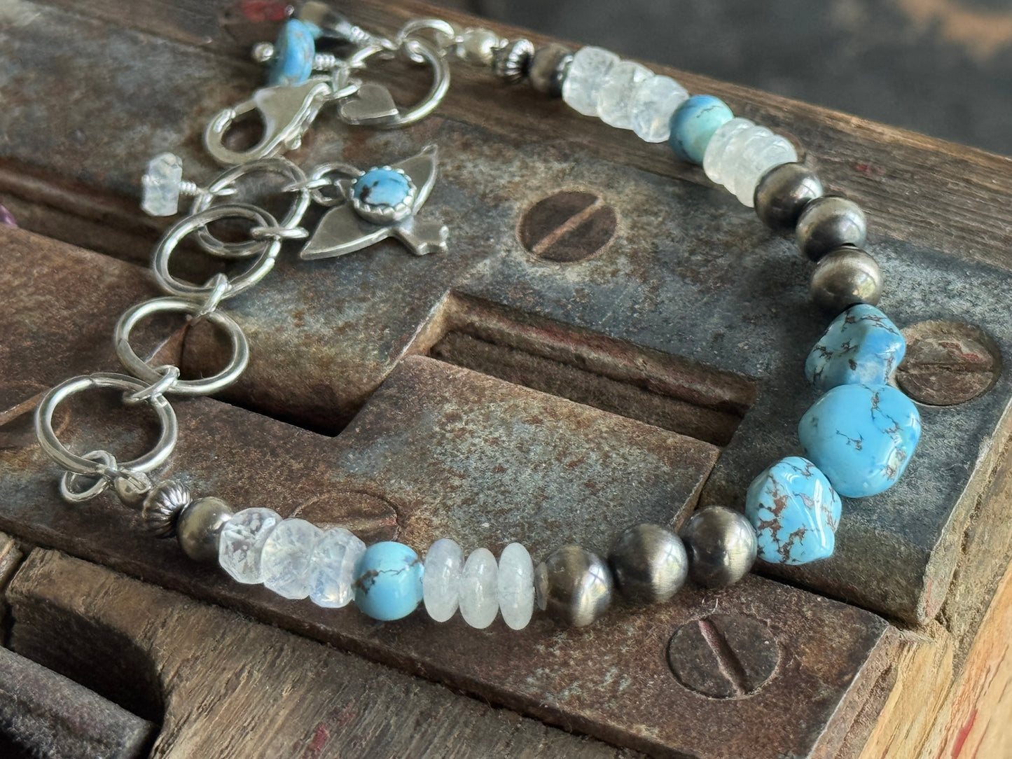 Artisan Golden Hills Turquoise and Rainbow Moonstone sterling bracelet