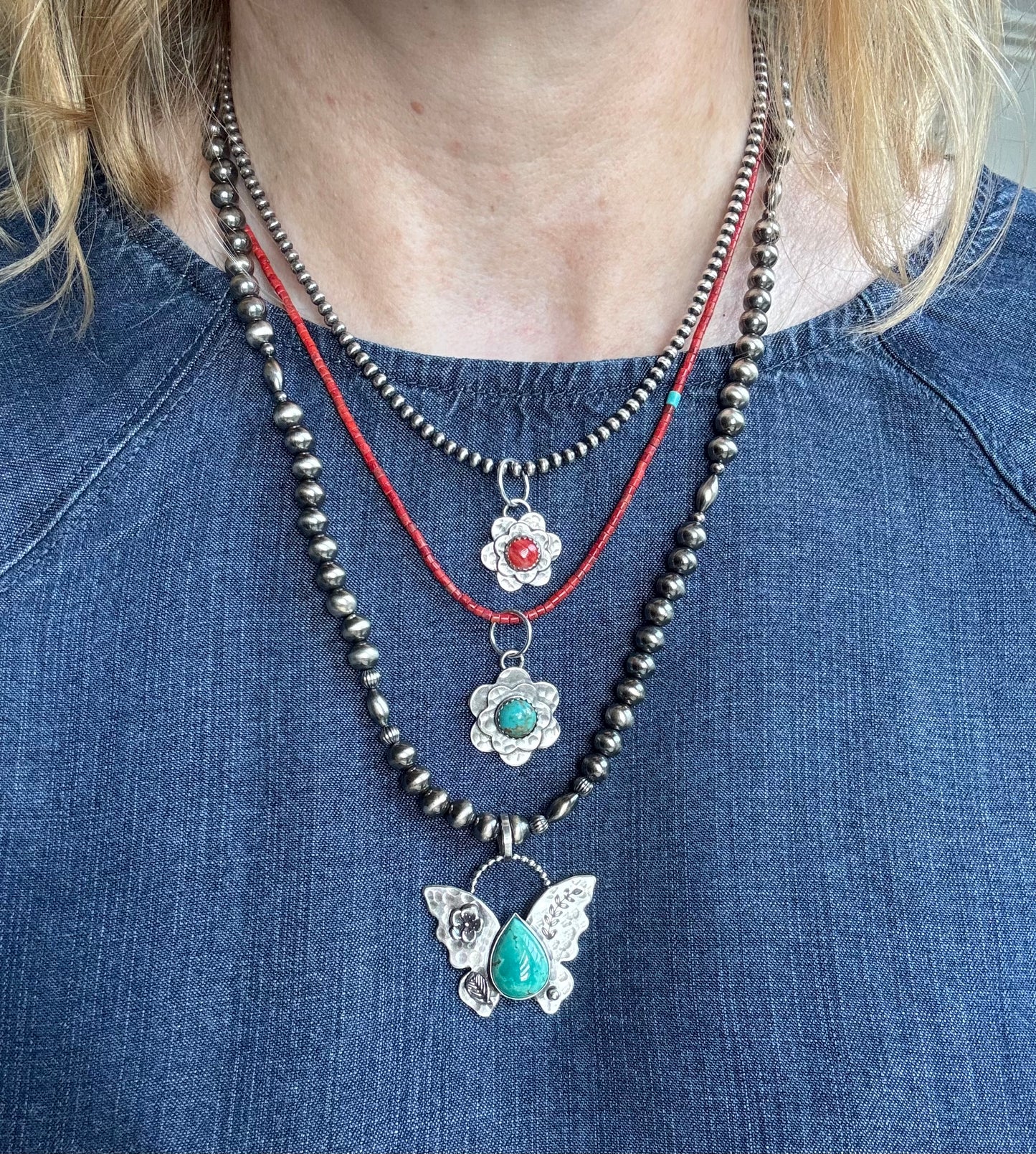 Double Flower pendant with Number 8 Turquoise