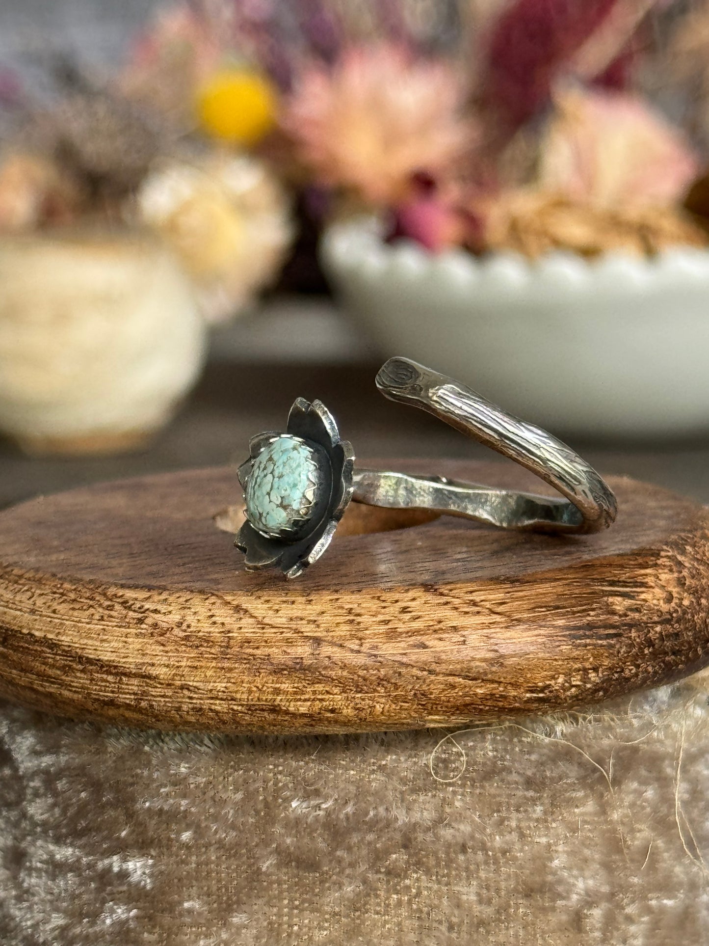 Twig wrap around sterling ring with Dry Creek Turquoise