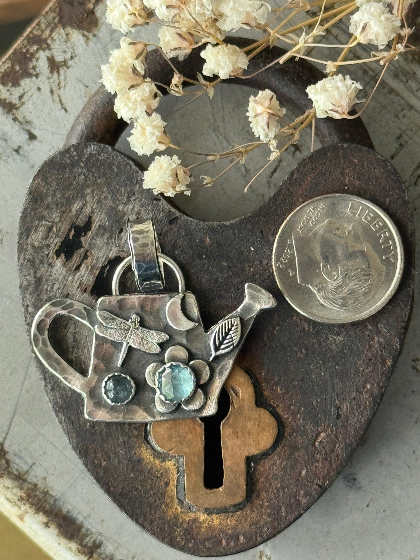 Kyanite and Aquamarine sterling watering can pendant