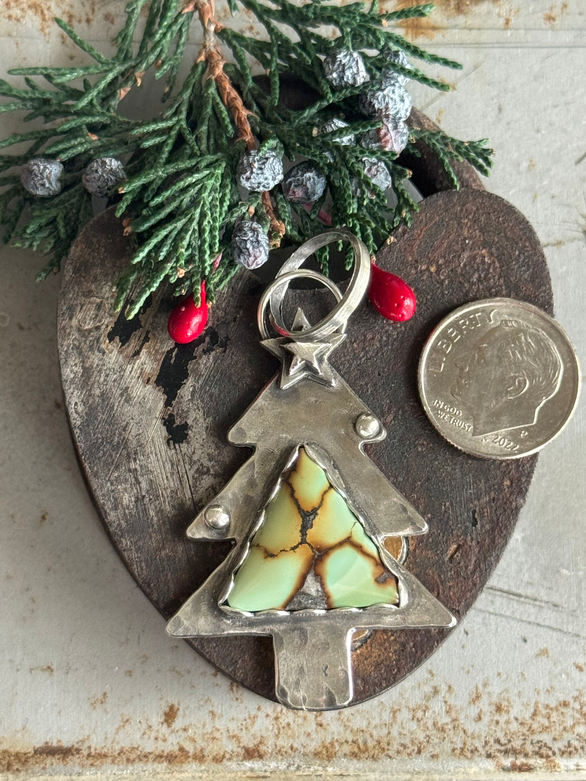 Christmas tree sterling pendant with Treasure Mountain Turquoise