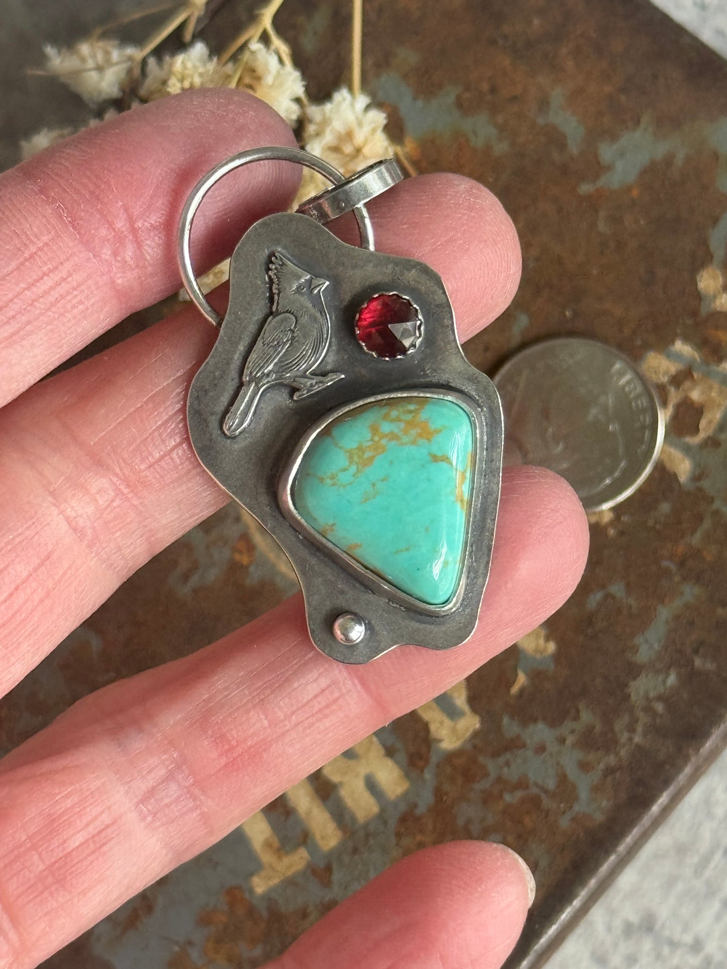 Cardinal sterling pendant with Tyrone Turquoise and Garnet accent