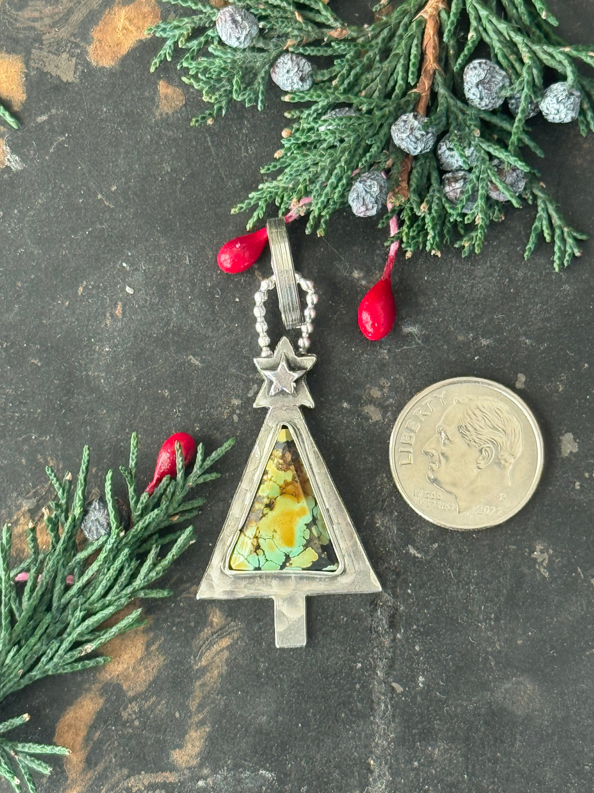 Christmas tree sterling pendant with Treasure Mountain Turquoise