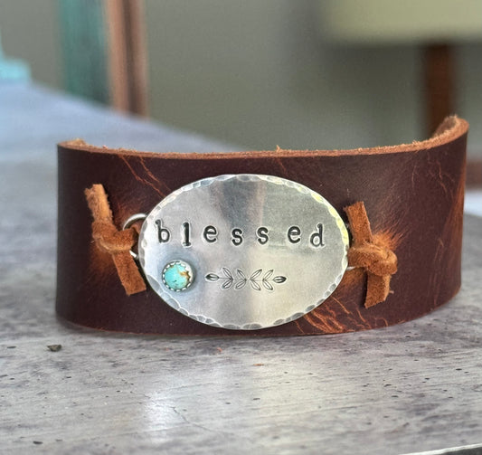 Blessed Kingman Turquoise leather adjustable bracelet/cuff