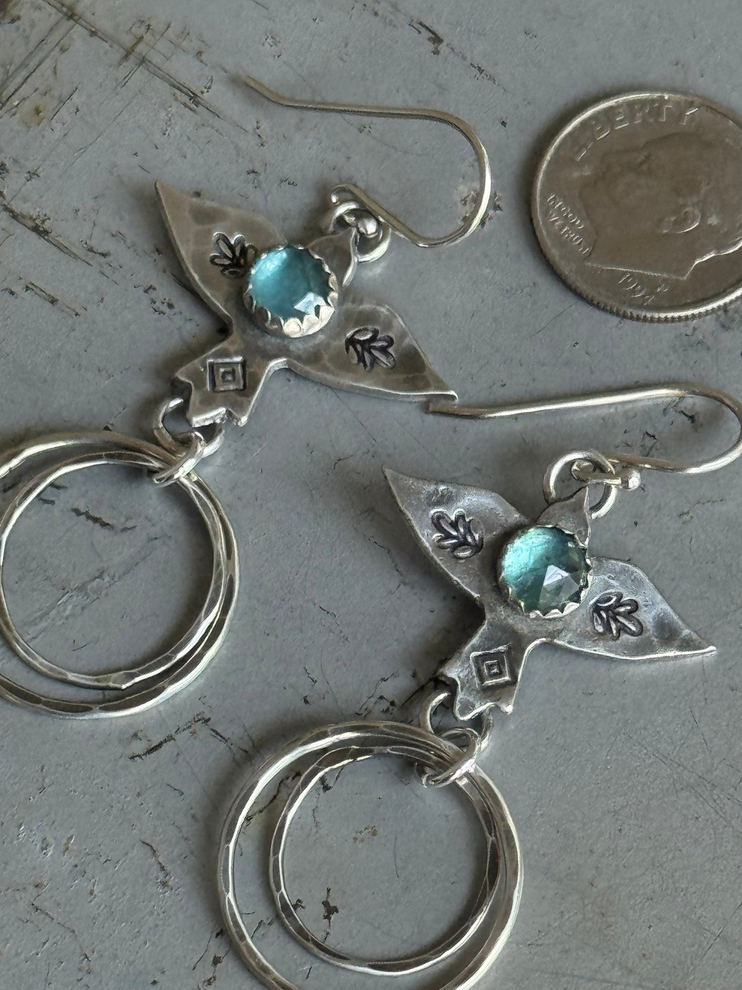 Teal Kyanite sterling hoop bird earrings