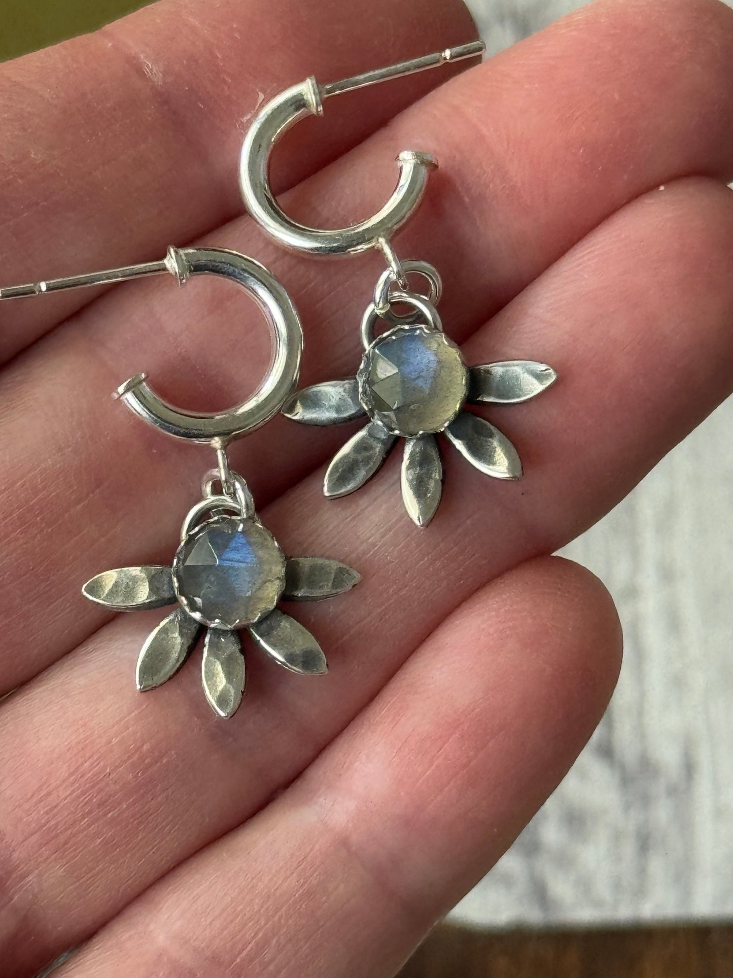 Labradorite Sterling flower hoop earrings