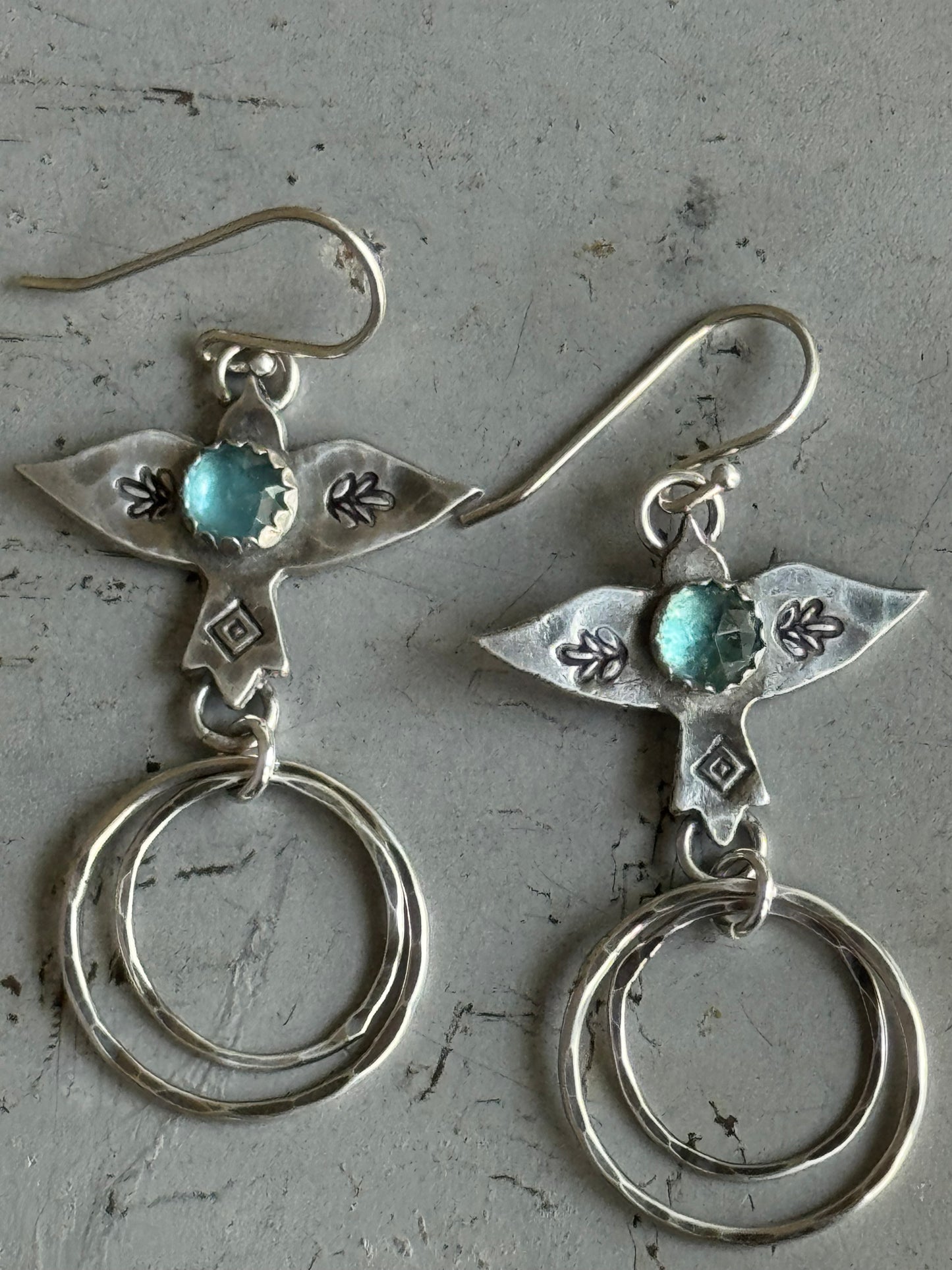Teal Kyanite sterling hoop bird earrings