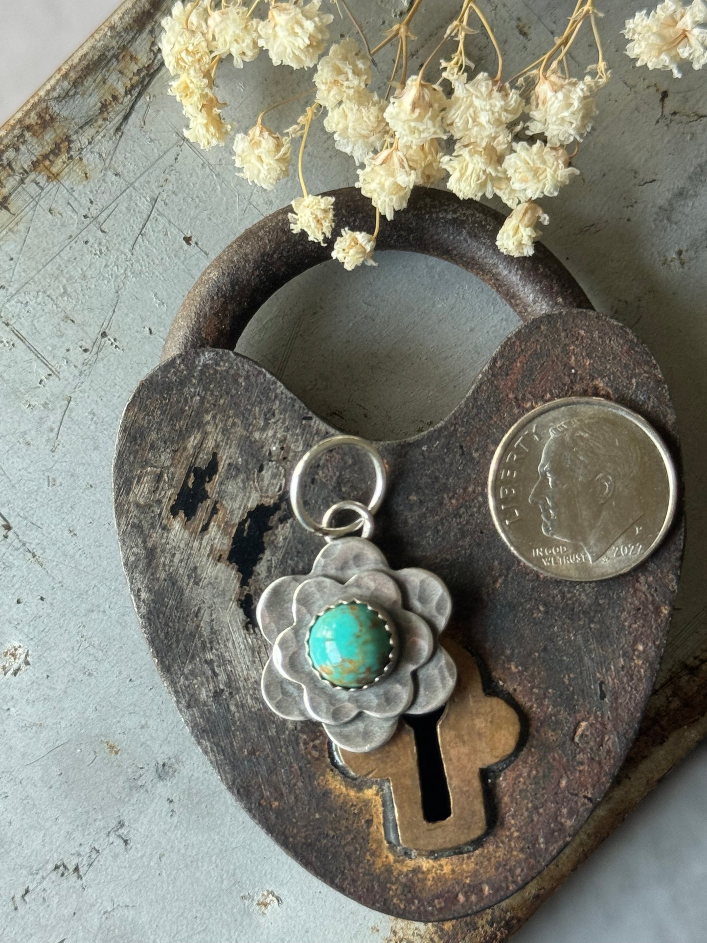 Double Flower pendant with Number 8 Turquoise