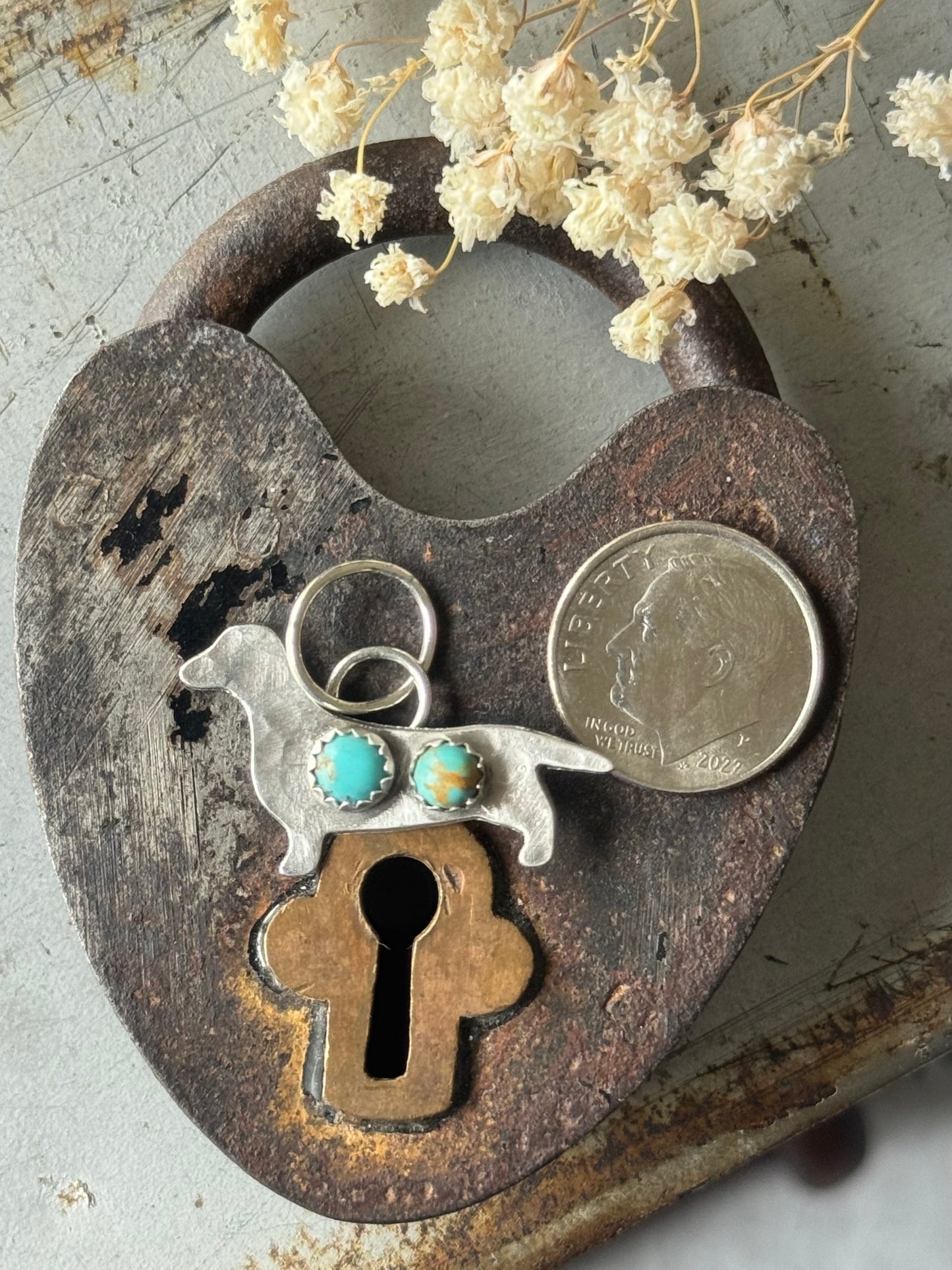 Dachshund sterling pendant with Kingman Turquoise
