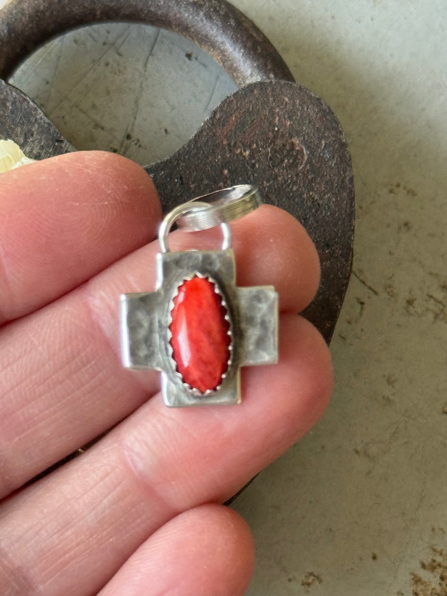 Red Spiny Oyster sterling cross pendant