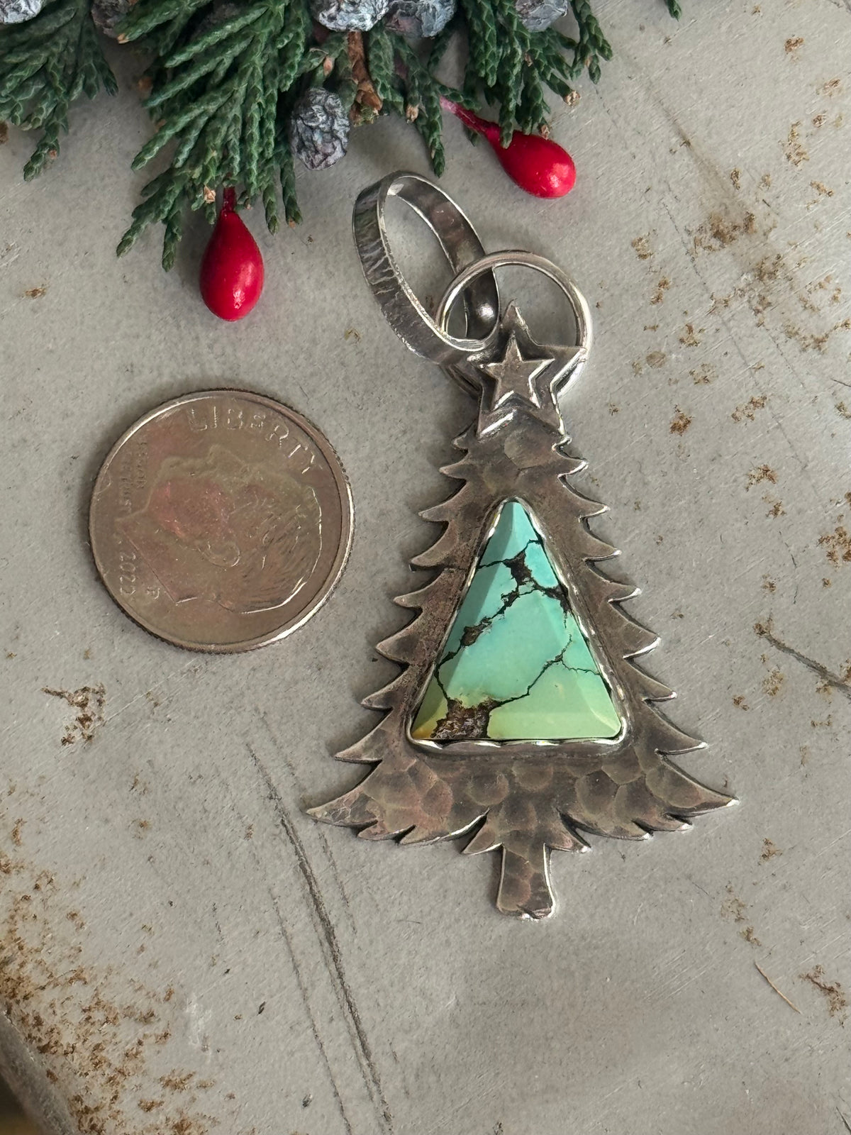 Christmas tree sterling pendant with Treasure Mountain Turquoise