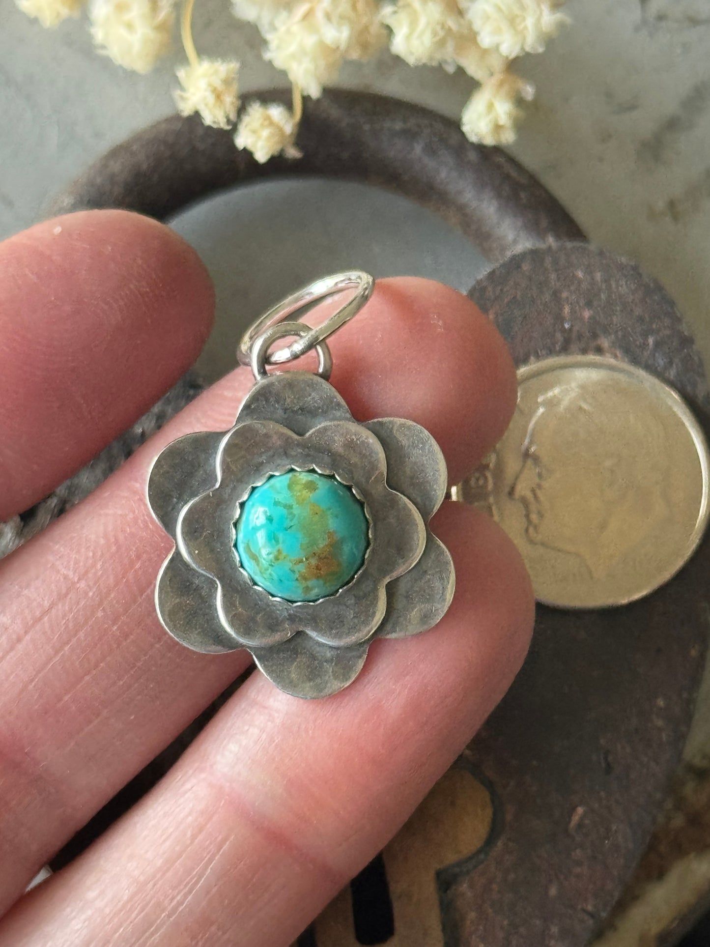 Double Flower pendant with Number 8 Turquoise