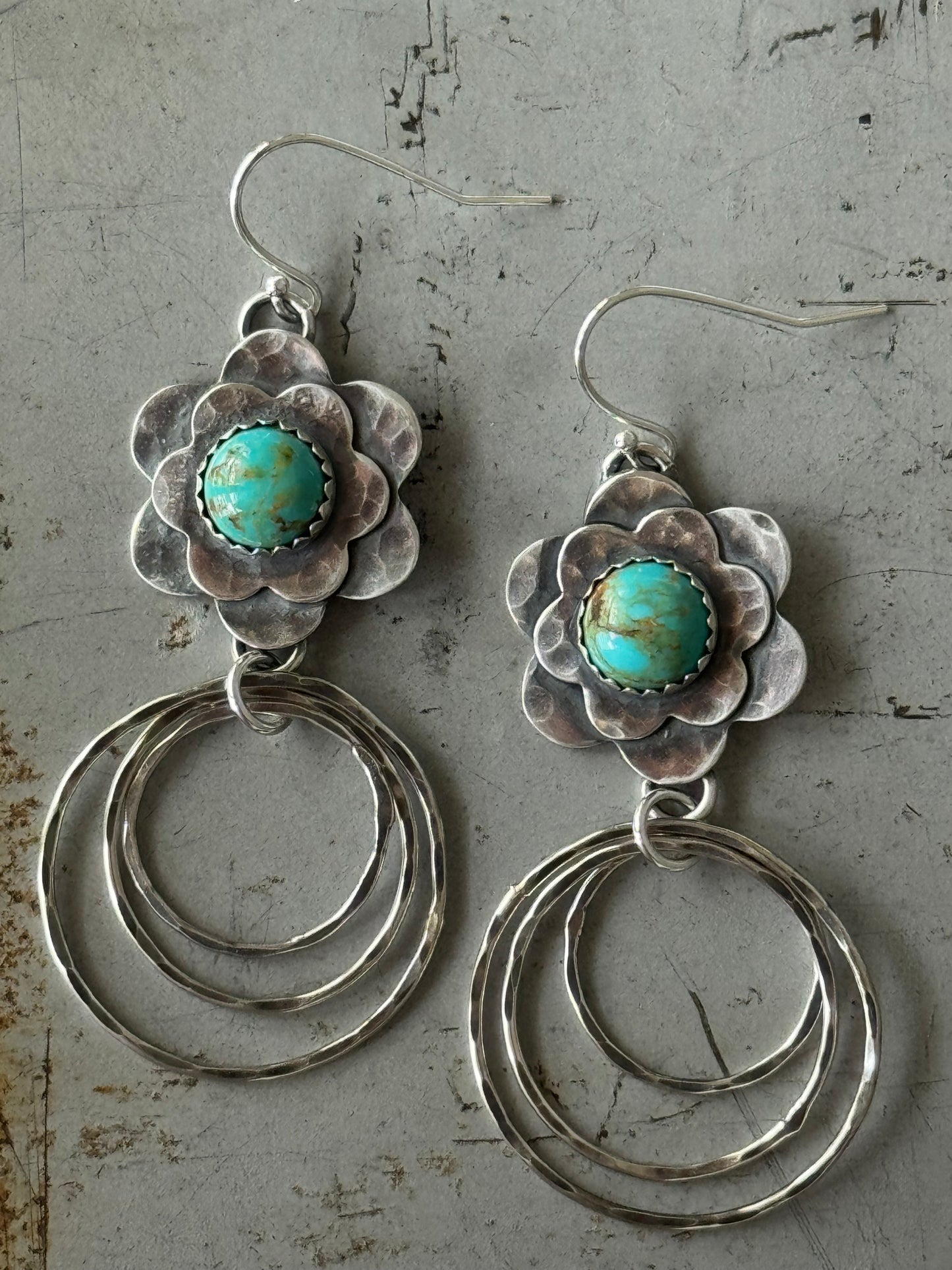 Kingman Turquoise Sterling flower hoop earrings