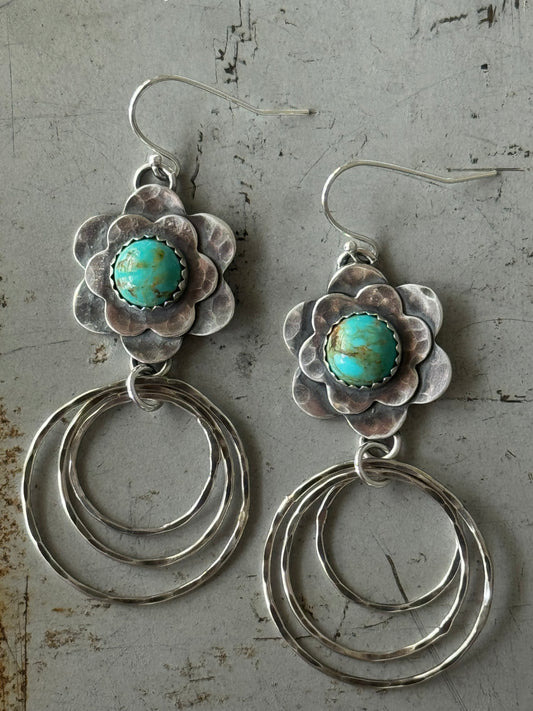 Kingman Turquoise Sterling flower hoop earrings