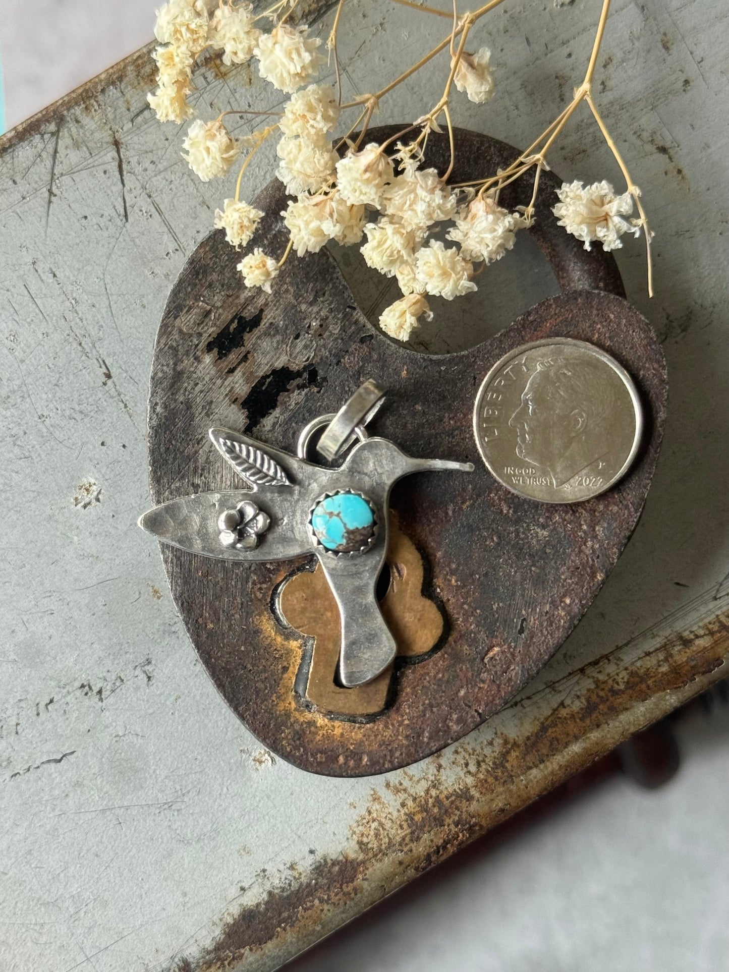 Hummingbird sterling pendant with Lone MountainTurquoise