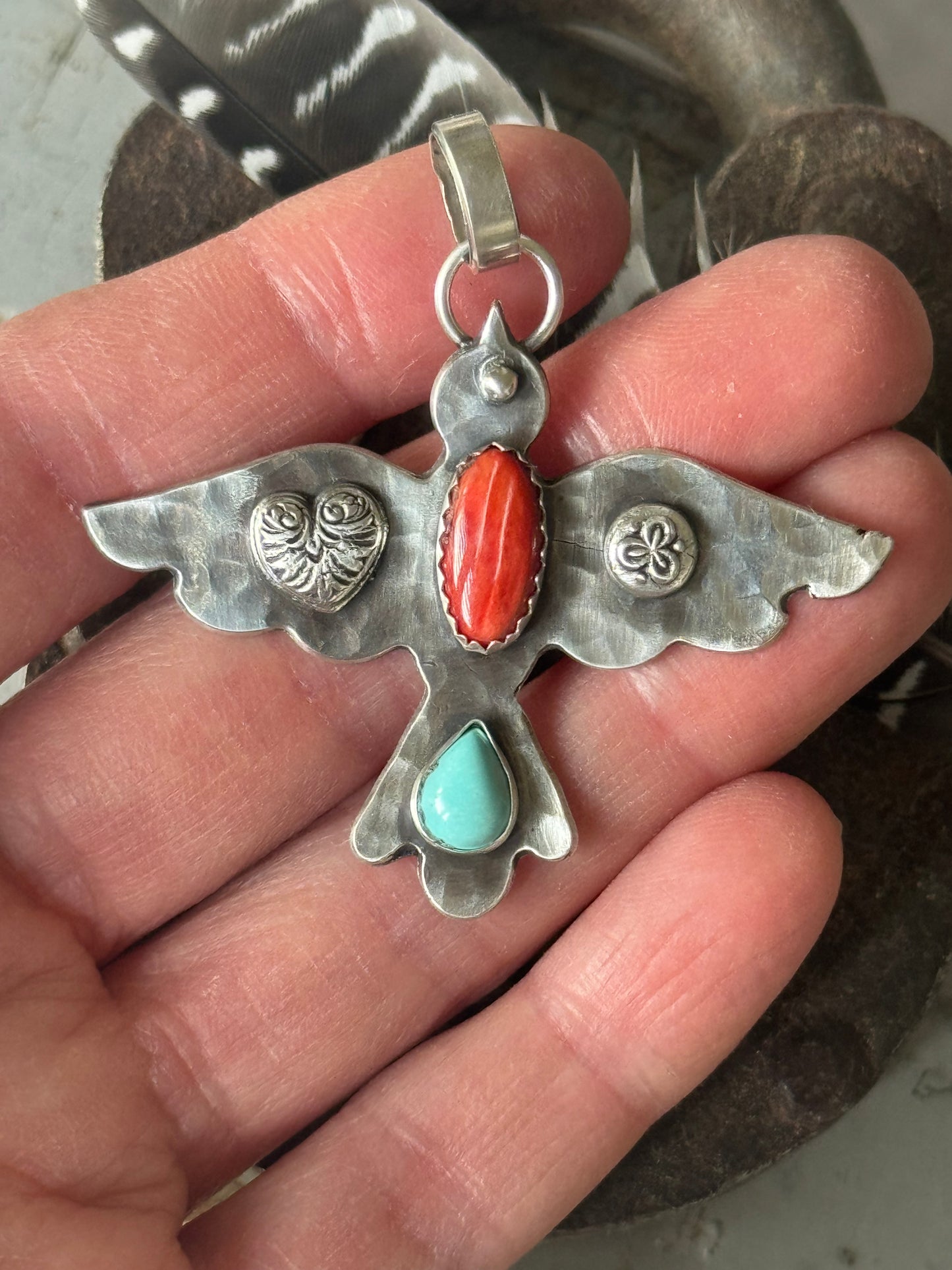Spiny Oyster and Kingman Turquoise sterling bird pendant
