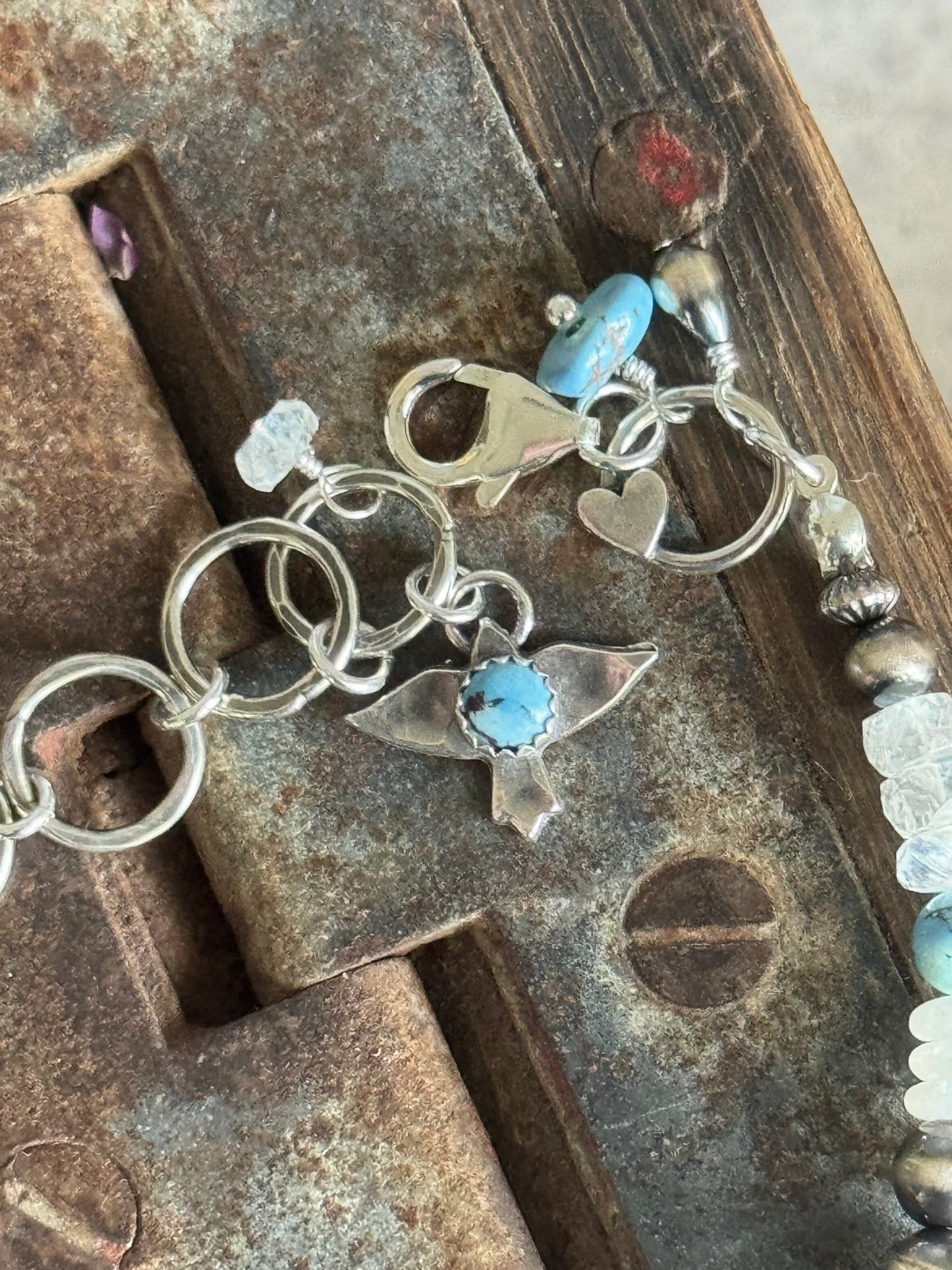 Artisan Golden Hills Turquoise and Rainbow Moonstone sterling bracelet