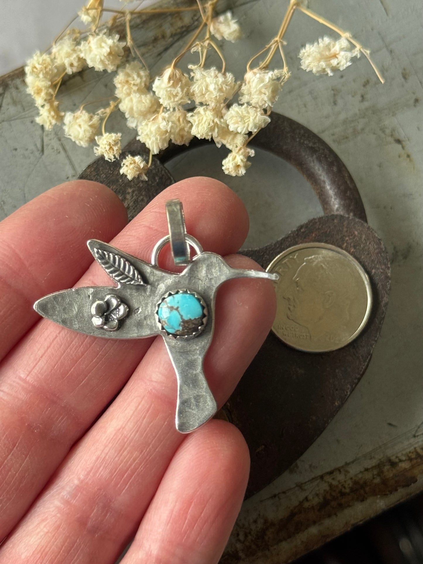 Hummingbird sterling pendant with Lone MountainTurquoise