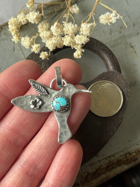 Hummingbird sterling pendant with Lone MountainTurquoise